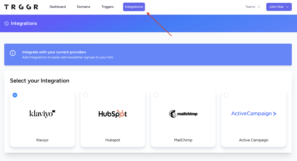 Example UI: Finding Integrations Tab in Trggr